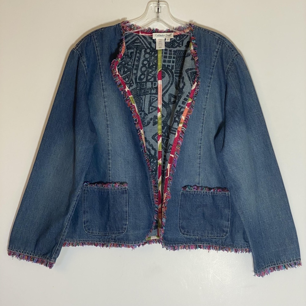 Coldwater‎ Creek Jacket Womens Small Blue Denim Fringe Open Front Pockets Boho